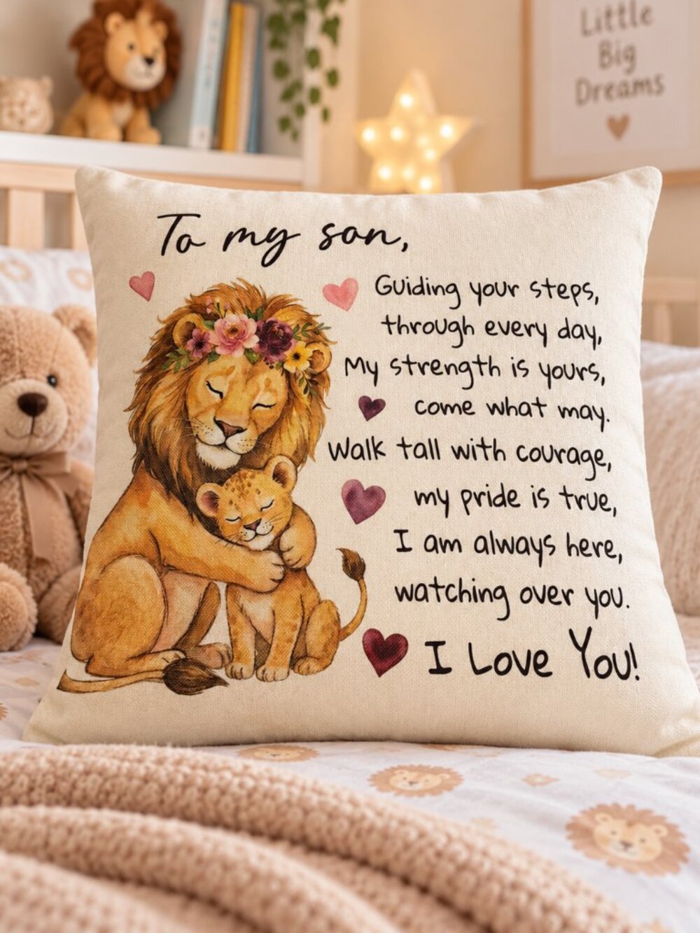 Lion & Cub To My Son Decorative Cushion Cover Beige 17x17